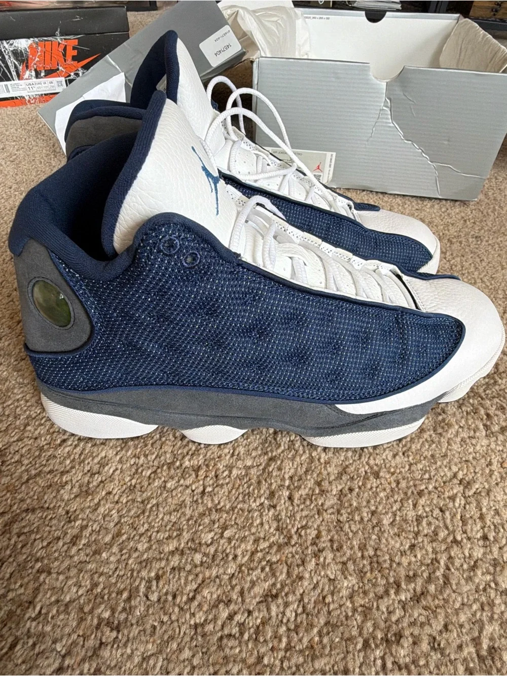 Jordan 13 Retro Flint 2020 Navy Blue and Gray High-Top Athletic Sneakers